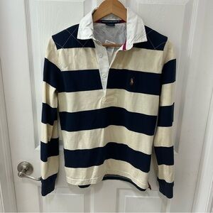 Ralph Lauren Women’s Navy Blue & Cream Striped Rugby Fitted Polo Shirt Med